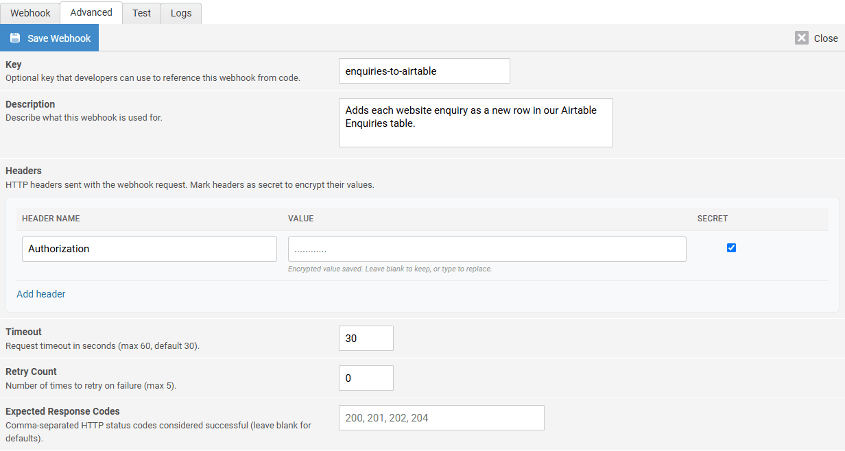 The Advanced tab, with an Authorization header marked Secret