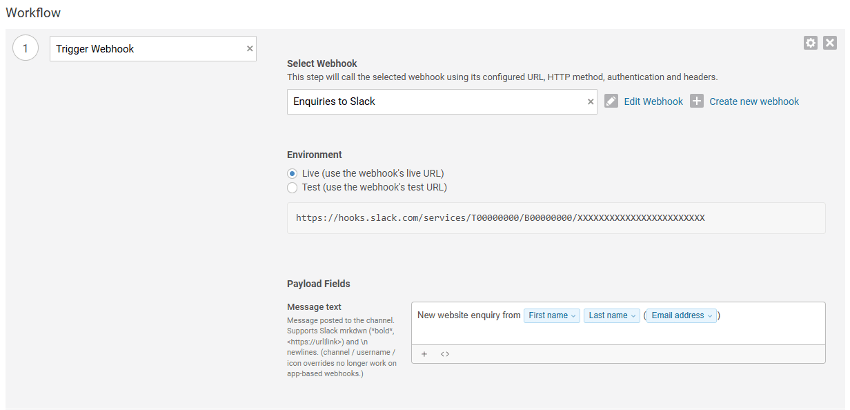 A Trigger Webhook step in an automation, with variables in the Message text field