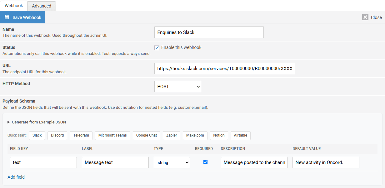 The Webhook tab of a new webhook