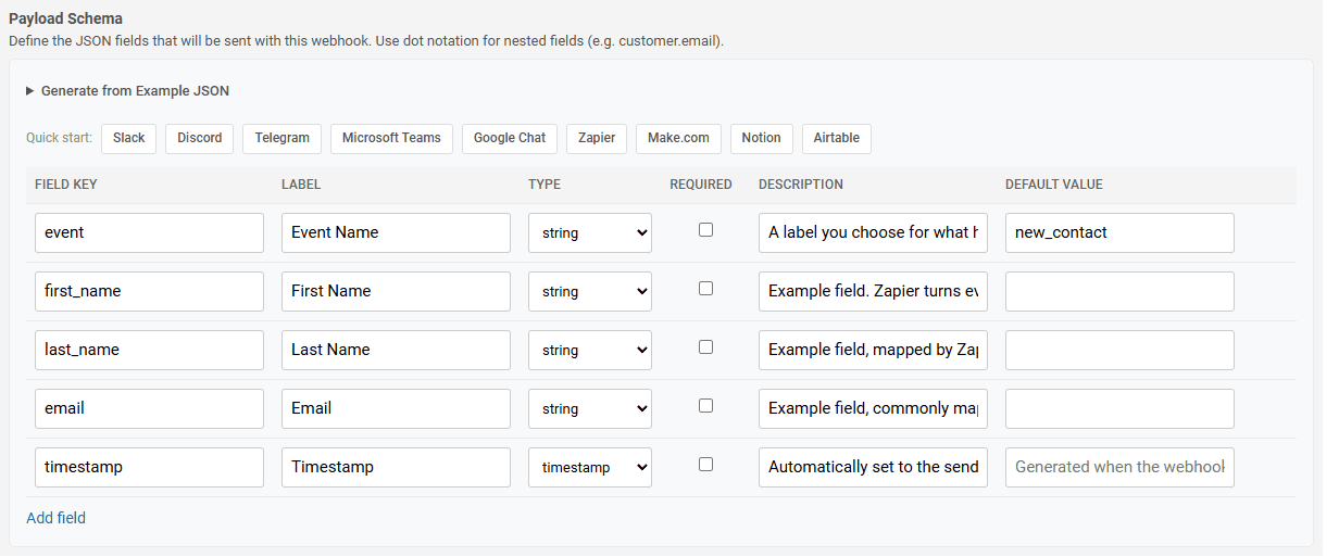 The Payload Schema table with Quick start presets and five fields