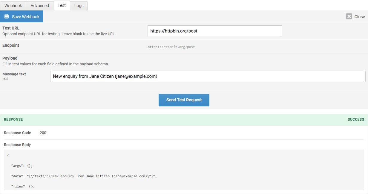 The Test tab after a successful test request