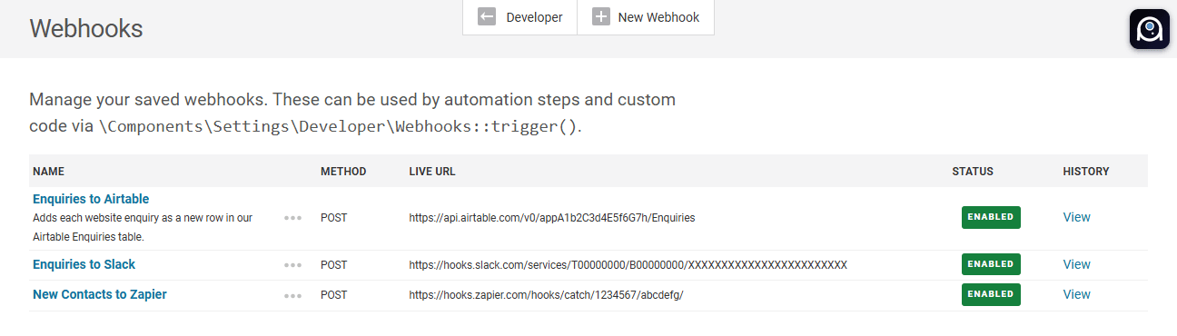 The Webhooks list in Settings > Developer, with the New Webhook button