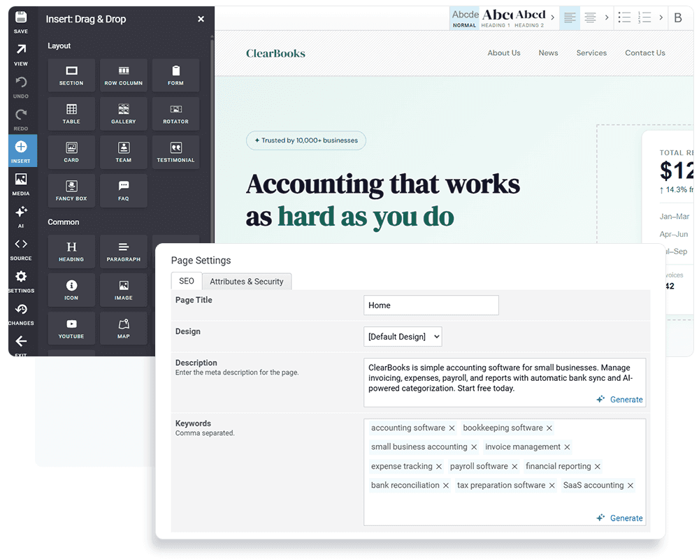 Oncord Website Page Editor and Marketing Dashboard for Accountants